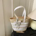 Striped beige and white woven tote bag with a large white bow and pearl chain detail - With Pendant / Khaki