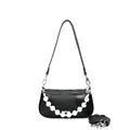 Bolso baguette minimalista de cuero negro con perlas y correas ajustables - Negro