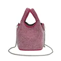 Fuchsia rhinestone bucket bag with silver metal chain strap and dual top handles - Rose Red