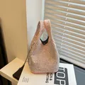 Chic pink rhinestone hobo bucket bag with silver studs and chain shoulder strap - Pink
