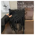 Handmade black macrame shoulder bag with fringe tassel and bohemian woven pattern - One Size / Black