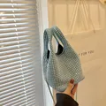 Chic light blue bucket bag with silver rhinestones and a metal chain strap - Blue