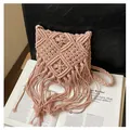 Handmade lotus pink macrame fringe bag with bohemian weave and long tassels - One Size / Pink