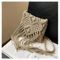 Handmade woven tassel shoulder bag in beige cotton cord with bohemian fringe detail - One Size / Dark Khaki
