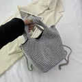 Silver rhinestone bucket bag with sparkling crystals, top handle and chain strap - Gray