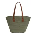 Sage green woven straw tote bag with brown faux leather handles for beach vacation - Zipper Closure / Green
