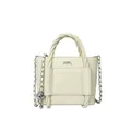 Bolso tipo cubo beige de cuero texturizado con asas trenzadas y cadena de bolas - Blanco Roto
