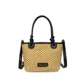 Minimalistische Strohbeuteltasche mit schwarzen Ledergriffen und goldenem Logo-Detail - Schwarz