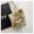 Sac fourre-tout en paille beige avec texte bon jour brodé et décor floral - Taille unique / Blanc avec Marron