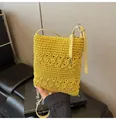 Handwoven bright yellow crochet tote bag with intricate star texture and cream strap - With Pendant / Yellow
