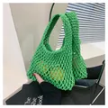 Vibrant green handmade woven mesh tote bag in hollow cotton crochet design for women - Green