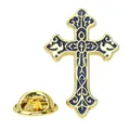 Broche croix baroque vintage dorée avec émail bleu foncé et détails en filigrane - Baroque Bleu Foncé Croix Volute (A00131)