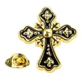 Religiöse goldene Kreuzbrosche mit schwarzer Emaillierung und Schmetterlingsverschluss - Iris Muster Goldenes Kreuz (A00047)