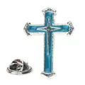 Broche croix religieuse avec émail bleu clair et détail d'étoile argentée - Émail Bleu Lac Croix Étoile (A00084)