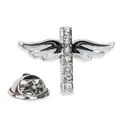 Broche croix religieuse argentée avec ailes noires et blanches et strass cristallins - Strass Croix Aile d'Ange (A00129)