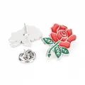 Red flower enamel brooch pin in zinc alloy with green leaf and silver finish - Red Rose Style (A00053)