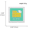 Rome Colosseum stamp enamel brooch in mint green finish with silver gear edges - Rome Colosseum Style (A00760)