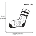 Detail view of a black and white SUCK SOCK enamel pin with size and weight measurements - Sock Style (A01070)