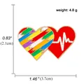 Rainbow heart enamel brooch with heartbeat wave pattern and precise product dimensions - Rainbow Heartbeat Double Heart Style (A01092)