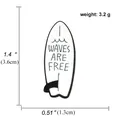 Detailed size view of an enamel surfboard pin with Waves Are Free text engraving - Surfboard Style (A01071)