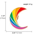 Detail view of rainbow enamel moon pin showing exact size 2.9cm and metal backing - Rainbow Striped Crescent Moon Style (A01093)
