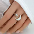 Detailed close-up of a silver star and moon open ring with a polished metallic finish - Bright Silver Star Moon (293)