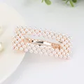 Elegant rectangular hollow hair clip featuring two rows of creamy white faux pearls - Square