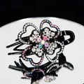 Floral clover hair clip with colorful crystals and black alloy base for women - Lilac Multicolor