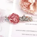 Pasador de pelo con rosa de tela, corona de diamantes y cristales aurora en oro rosa - Corona Rosa Melocotón