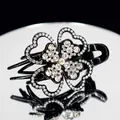 Elegant black resin flower hair clip with sparkling white rhinestones and crystals - Lilac White