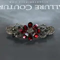 Vintage flower barrette with red teardrop crystals and grey rhinestones on black metal - Sun Flower Red
