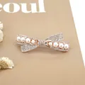 Rose gold bow hair clip featuring elegant pearls and sparkling rhinestones - Rectangle Zircon Bowknot