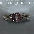 Vintage dark purple flower hair clip with gray rhinestones and black spring clip base - Sun Flower Purple