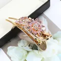 Elegant gold-plated flower hair claw with pink rhinestones and leaves for women - Sun Flower Purple