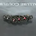 Vintage hair clip with red water-drop rhinestones and grey crystals on a spring clamp - Three Flowers Red