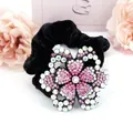 Pink rhinestone flower velvet scrunchie ponytail holder with sparkling crystals - Red