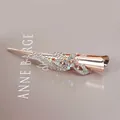 Rose gold hair clip with sparkling rhinestones and a light blue gemstone center - Ribbon Style / White