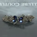 Vintage style spring hair clip with dark blue stones and grey crystals in leaf design - Ribbon Blue
