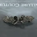 Elegant vintage dark grey rhinestone bow hair clip with cat eye stones in gunmetal finish - Black with Ribbon