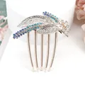 Golden flower hair comb with blue and white crystals for Hanfu styling - Blue