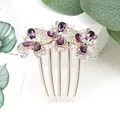 Elegant purple crystal flower hair comb with rose gold finish and rhinestone petals - Purple