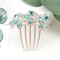 Golden five-tooth hair comb featuring blue crystal flowers and sparkling rhinestones - Blue