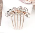 Rose gold floral hair comb with crystal rhinestones and five-tooth metal grip - White