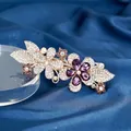 Floral spring hair clip with purple crystals and rhinestones in rose gold finish - Double Flower Purple