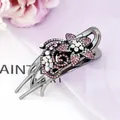 Pink rhinestone flower hair claw clip in dark grey metal finish for elegant styling - Red Star