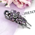 Floral crystal hair claw with purple rhinestones and gun-black metal finish for women - Flower Purple