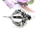 Floral crystal hair claw clip with dark grey metal base and marquise rhinestones - White