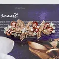 Retro spring hair clip with brown crystal gemstones and antique bronze leaf design - Star Flower Yellow