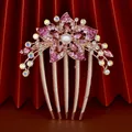 Elegant rose gold flower hair comb with pink rhinestones and white pearls - Red