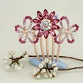 Pink rhinestone butterfly floral hair comb with rose gold finish for bridal wedding style - Red